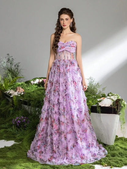 Pink A-Line Tulle Printed Ruffle Tiered Prom Dress LA73275 - SERENE HILL
