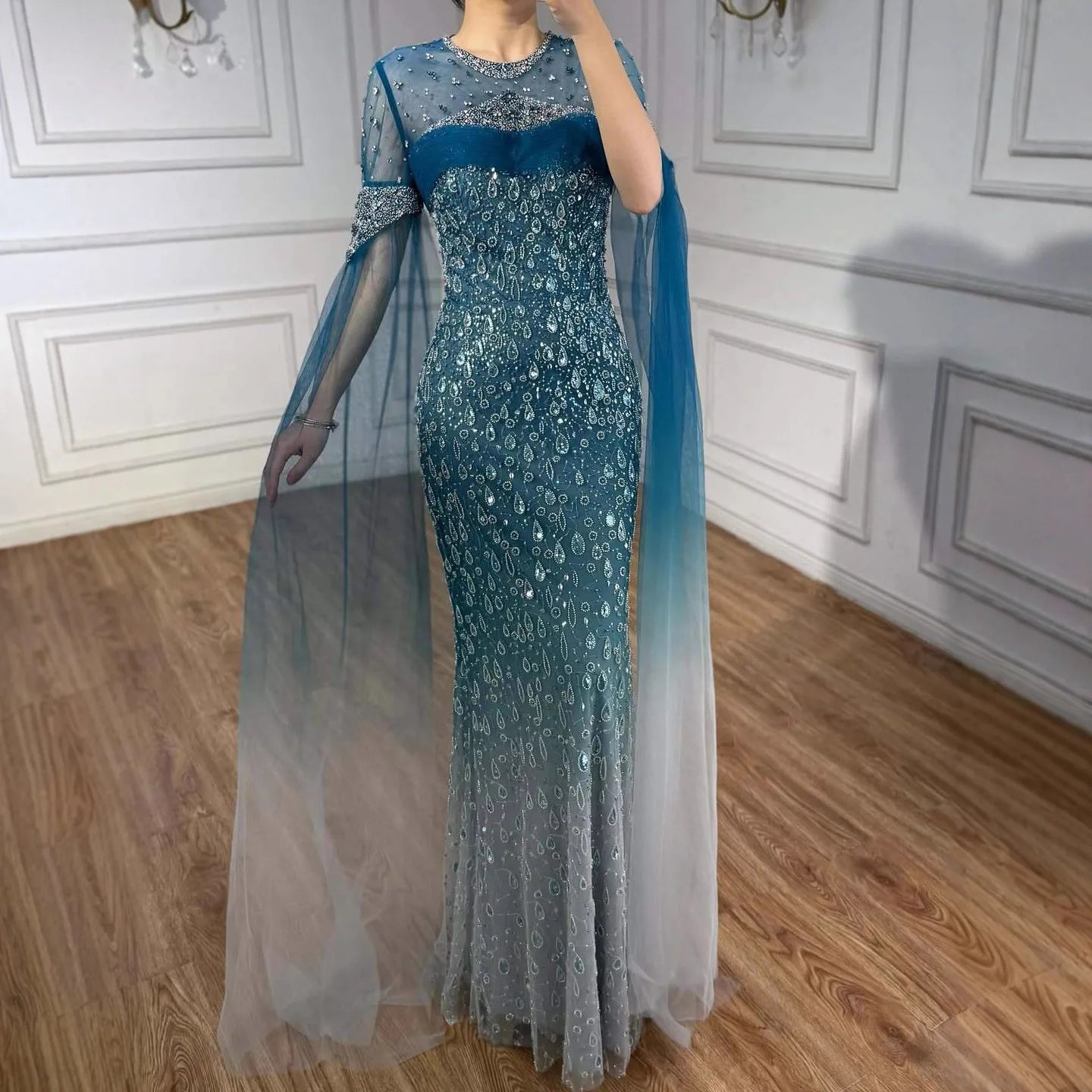 Luxury Arabic Gradient Green Mermaid Evening Dress With Cape LA73414 - SERENE HILL