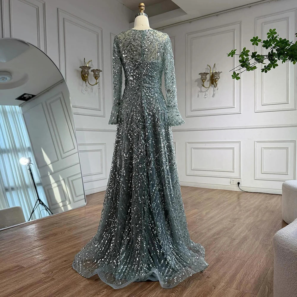 Luxury Turquoise Beaded A-Line Evening Dress with Puffy Sleeves LA73177 - SERENE HILL