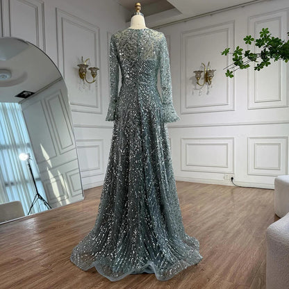 Luxury Turquoise Beaded A-Line Evening Dress with Puffy Sleeves LA73177 - SERENE HILL