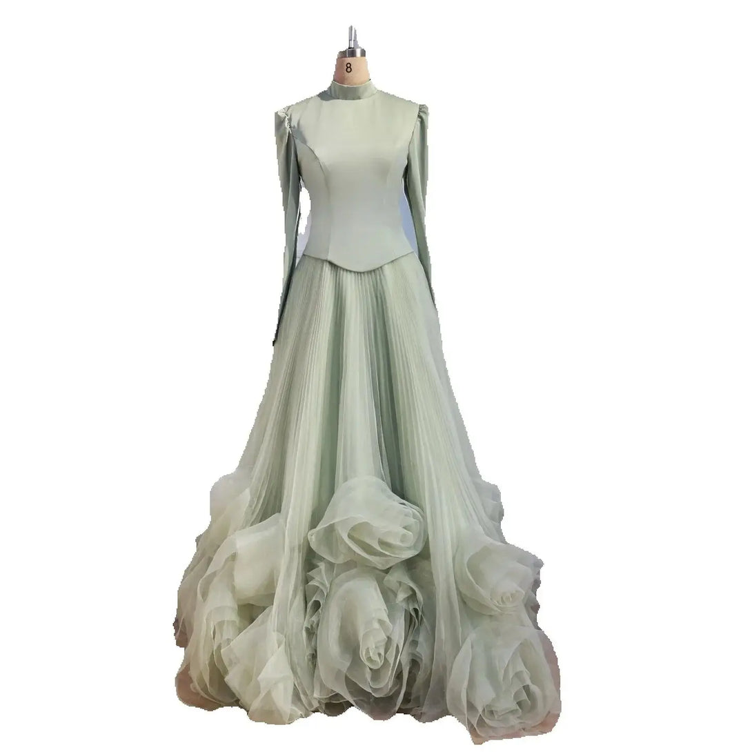Luxury Sage Green Modest Muslim 3D Flower A-Line Evening Dress LA72913B Sage Green / 4