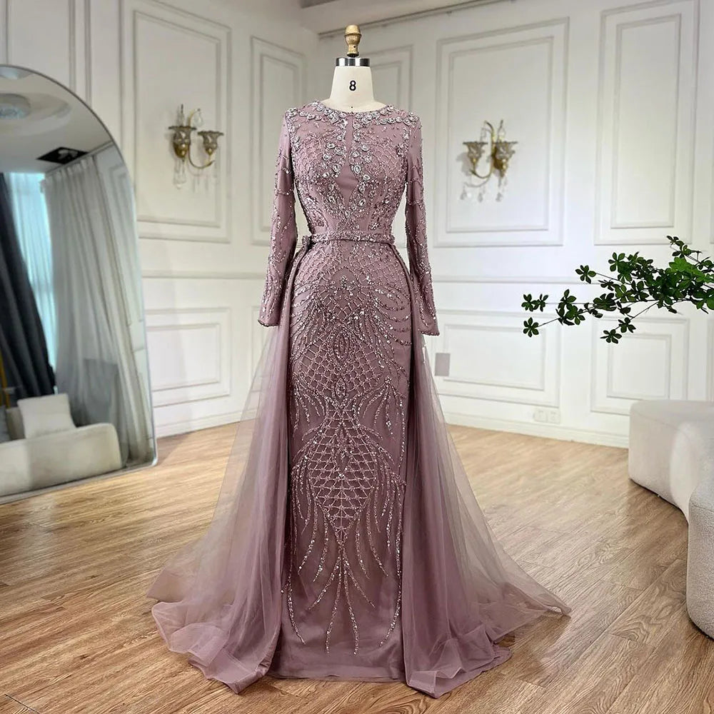 Serene Hill Muslim Silver Nude Mermaid Gown with Detachable Overskirt Beaded Evening Dress for Women Wedding Party LA71919 - SERENE HILL