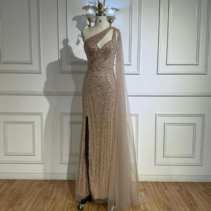 Luxury Caramel Beaded Mermaid Evening Dress with One Shoulder Cape LA73085 - SERENE HILL