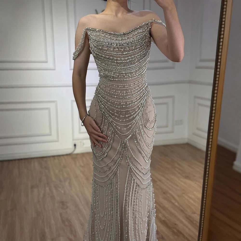 Luxury Crystal Silver Gray Pearl Beaded Evening Dress LA72253 - SERENE HILL