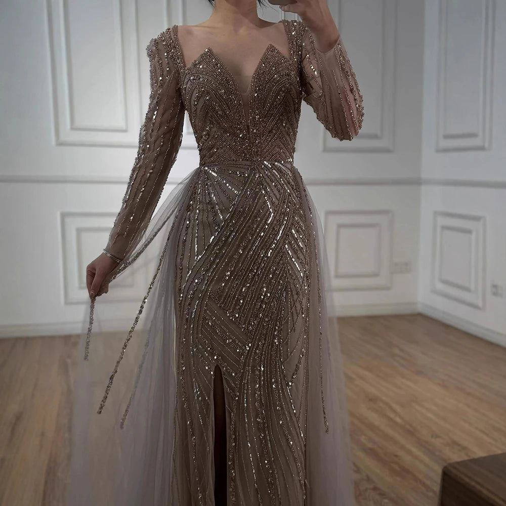 On Sale no return no refundSerene Hill Arabic Turquoise V Neck Mermaid Beaded Sexy Open Split Evening Dresses Gowns 2025 For Women Wedding Party