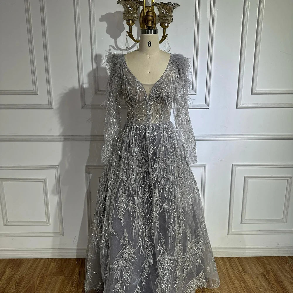 Serene Hill Muslim Beige A Line Beaded Feathers Luxury Dubai Long Evening Dresses Gowns 2025 For Women Wedding Party LA72172 - SERENE HILL