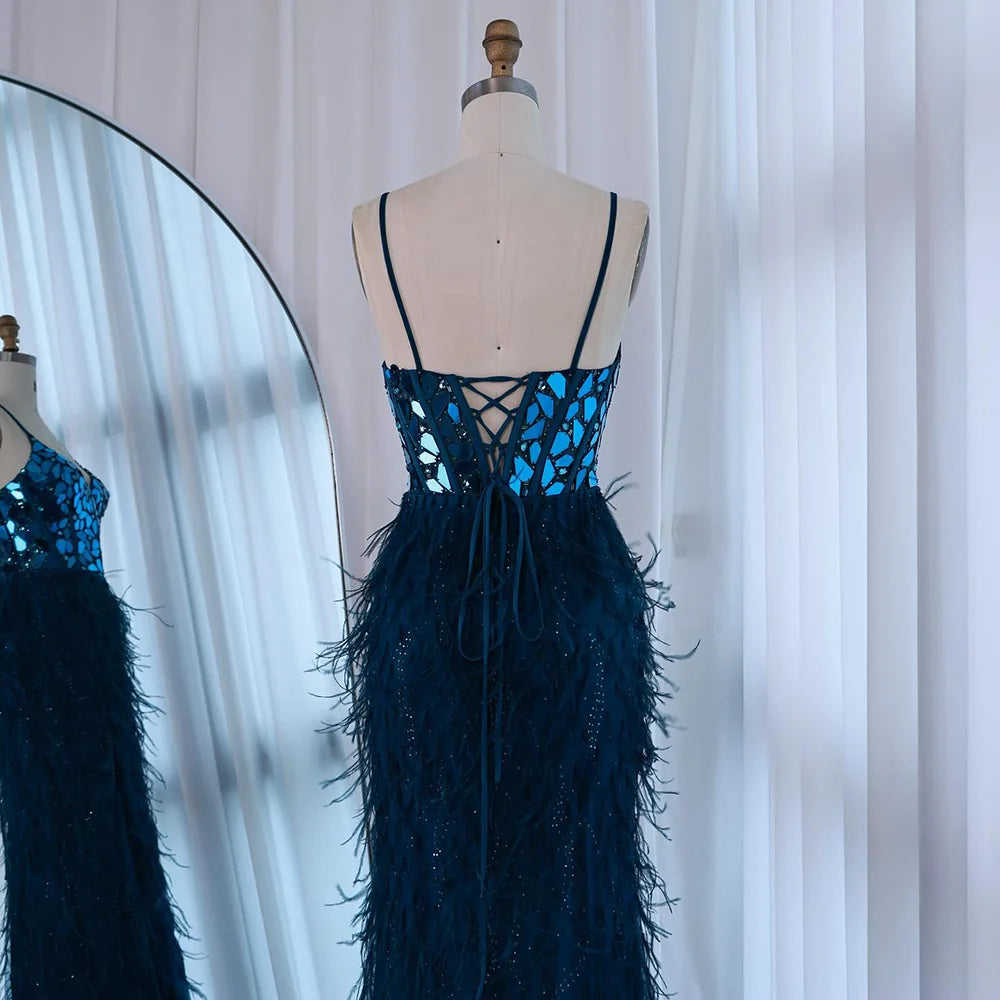 Luxury Peacock Blue Feather Evening Dress with Mirror Beaded Bodice LA73008 - SERENE HILL