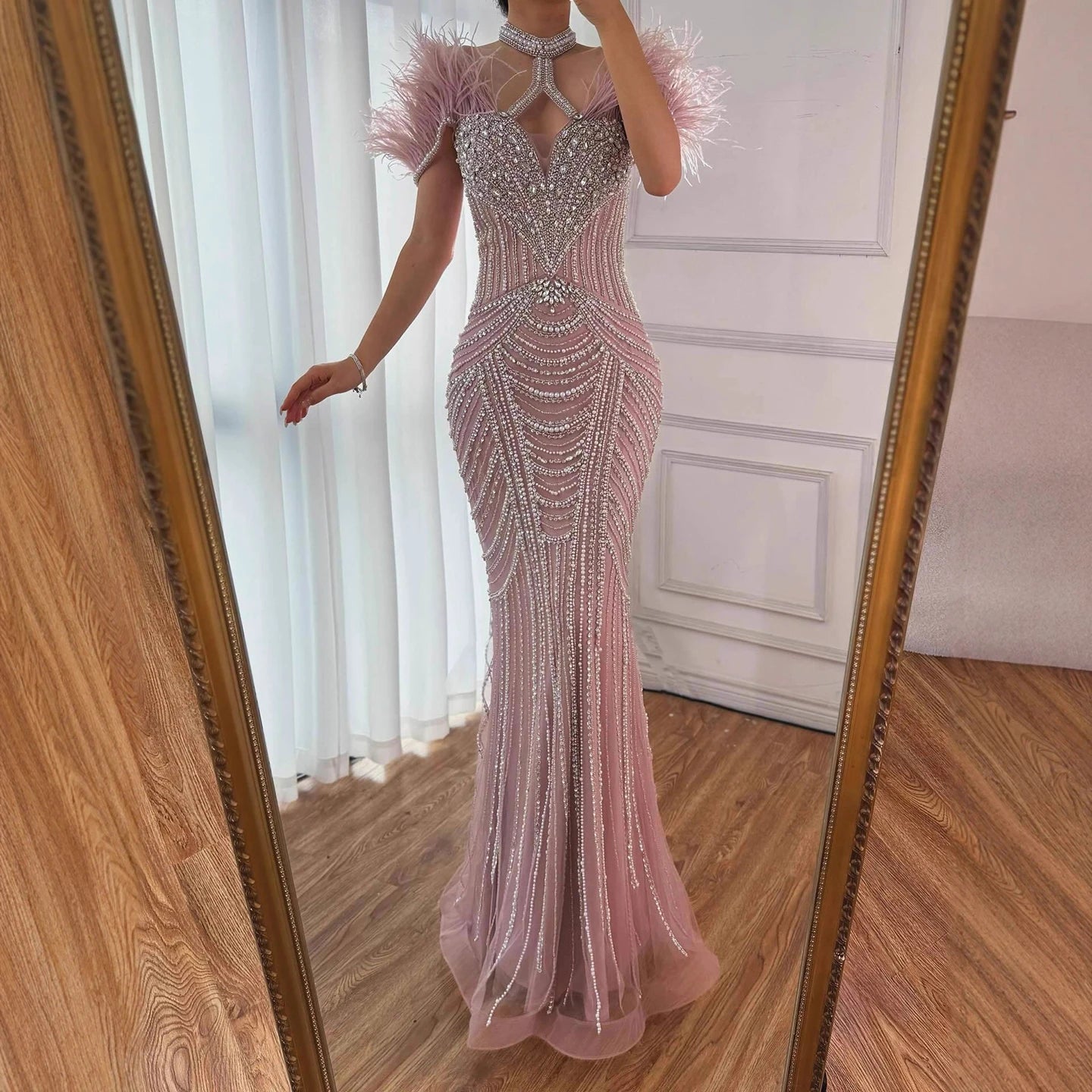 Luxury Pink Feather Halter Beaded Evening Gown for Wedding Party LA73212 - SERENE HILL
