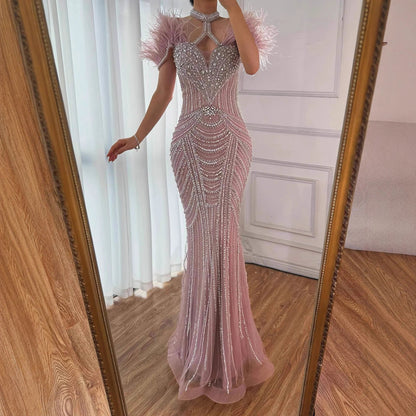 Luxury Pink Feather Halter Beaded Evening Gown for Wedding Party LA73212 - SERENE HILL