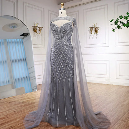 Luxury Nude Beaded Mermaid Evening Dress with Cape LA72814 - SERENE HILL