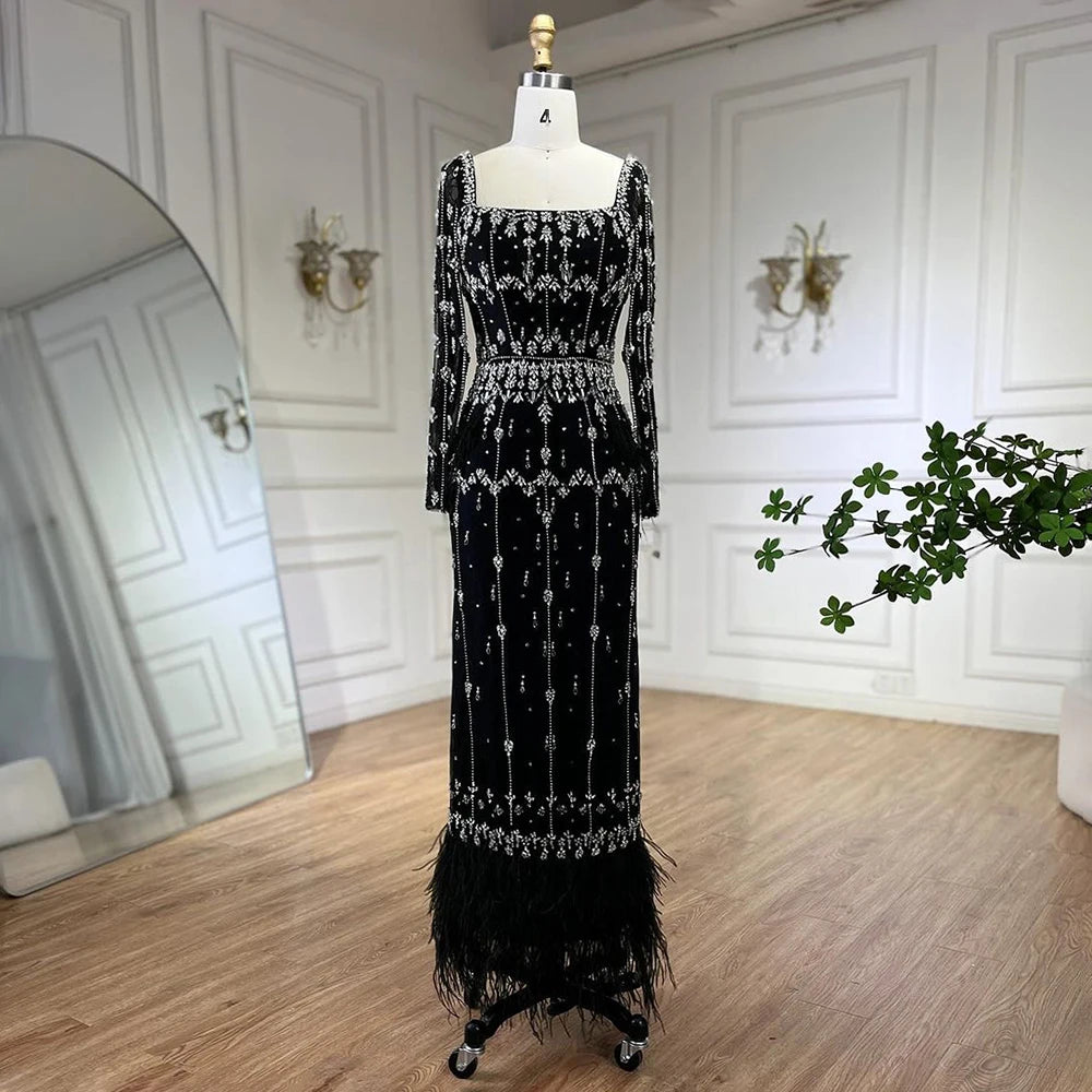 Muslim Luxury Feather Ankle Evening Dress with Long Sleeves LA71722 - SERENE HILL