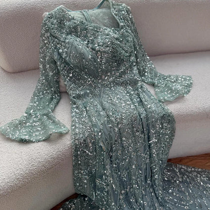 Luxury Turquoise Beaded A-Line Evening Dress with Puffy Sleeves LA73177 - SERENE HILL