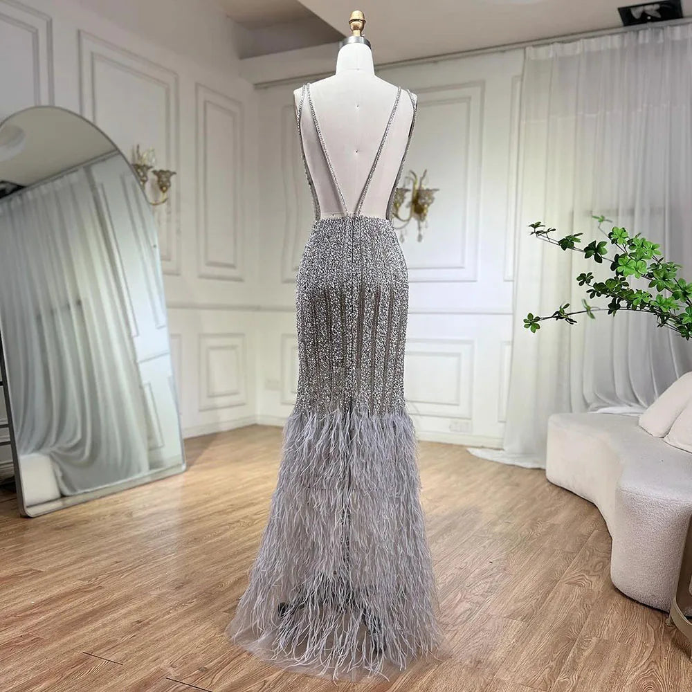 Luxury Silver Feather Mermaid V-Neck Evening Dress LA60749 - SERENE HILL