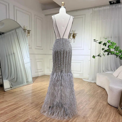 Luxury Silver Feather Mermaid V-Neck Evening Dress LA60749 - SERENE HILL