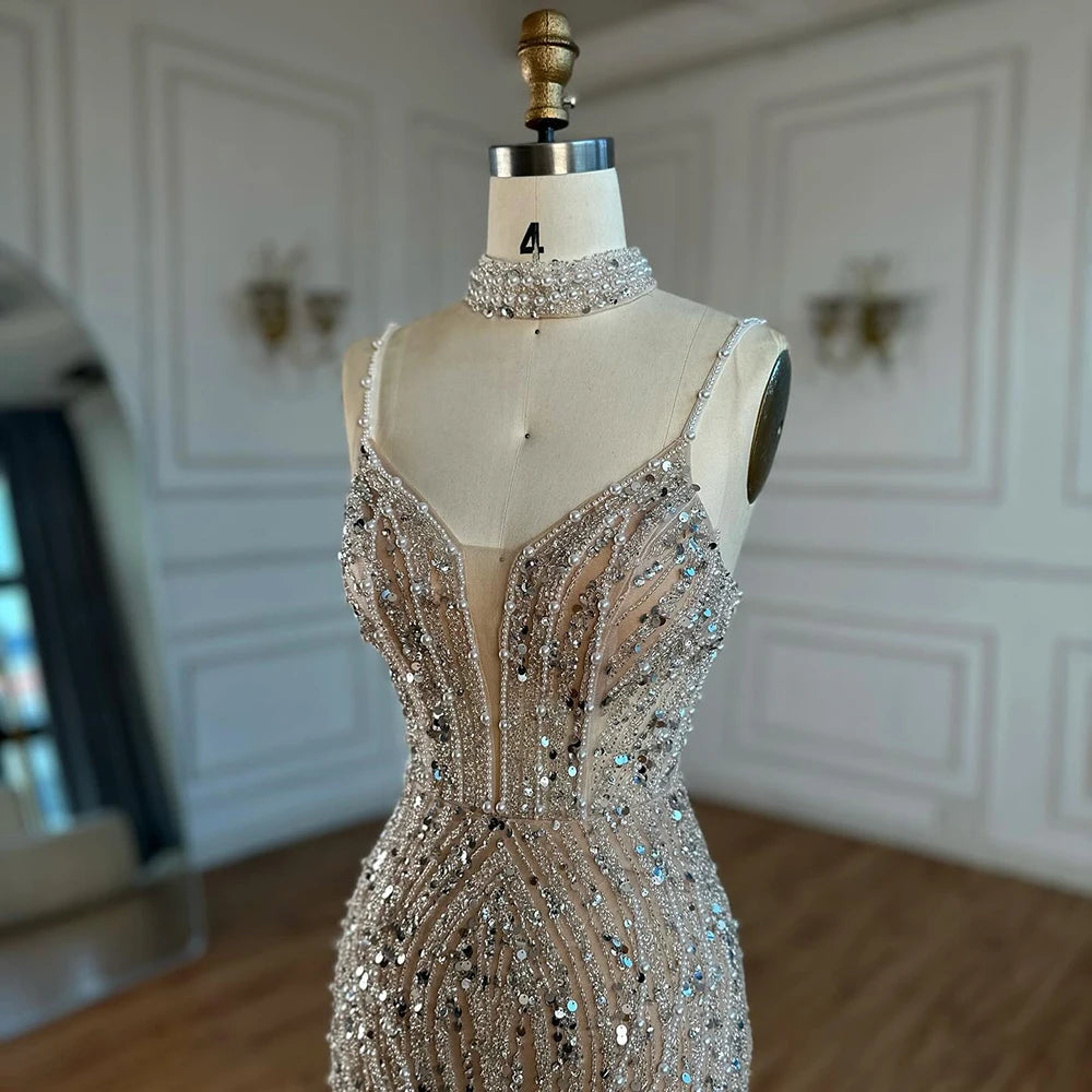 White Nude Beaded Evening Dress with Spaghetti Straps LA72047D - SERENE HILL