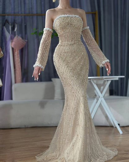 Dubai Elegant White Nude Beaded Evening Dress with Gloves LA72649 - SERENE HILL