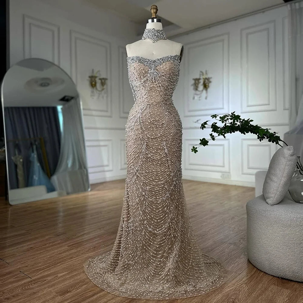 Luxury Famous White Nude Pearls Beaded Mermaid Evening Dress With Cape –  SERENE HILL