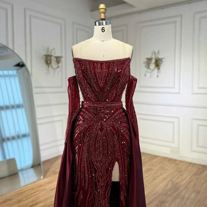 Luxury Wine Red Beaded Evening Dress Gown with Gloves and Overskirt LA72935 - SERENE HILL