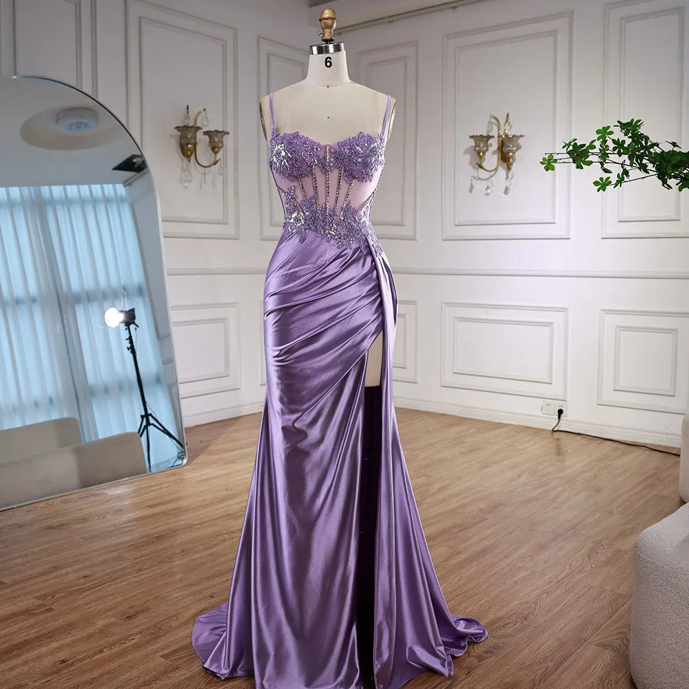 Luxury Mint Green Satin Beaded Prom Dress with Slit LA72995 - SERENE HILL