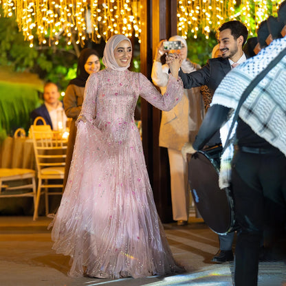 Luxury Pink Arabic Modest Muslim A-Line Crystal Beaded Evening Dress LA73363 - SERENE HILL