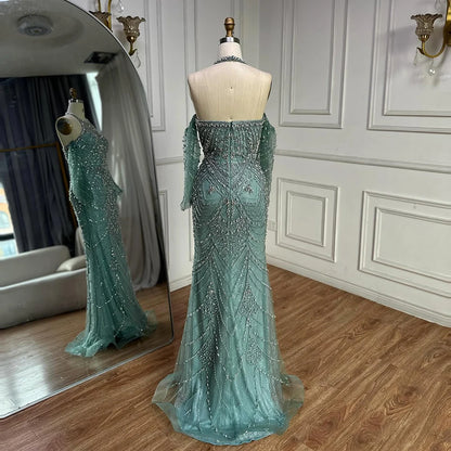 Luxury Turquoise Mermaid Evening Dress Detachable Sleeves LA72925 - SERENE HILL