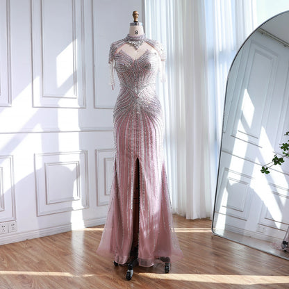 Nude Mermaid Evening Dress with Detachable High Neck Tassel LA72891A - SERENE HILL