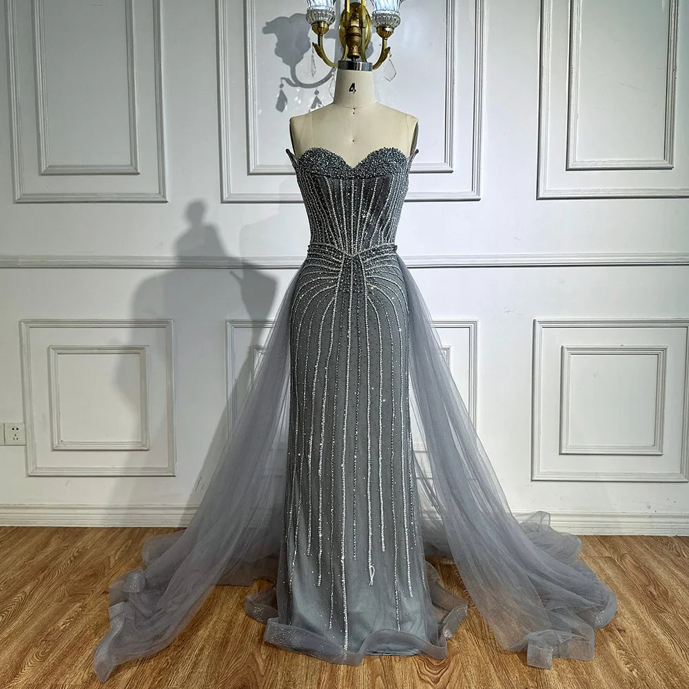 Pink Pearls Beaded Arabic Mermaid Evening Dress with Overskirt LA72811B - SERENE HILL
