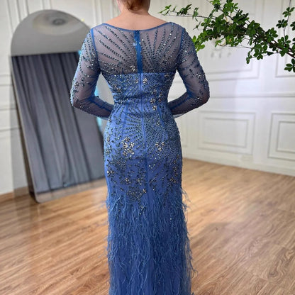 Arabic Blue Feather Beaded Mermaid Evening Dress for Women LA71818 - SERENE HILL