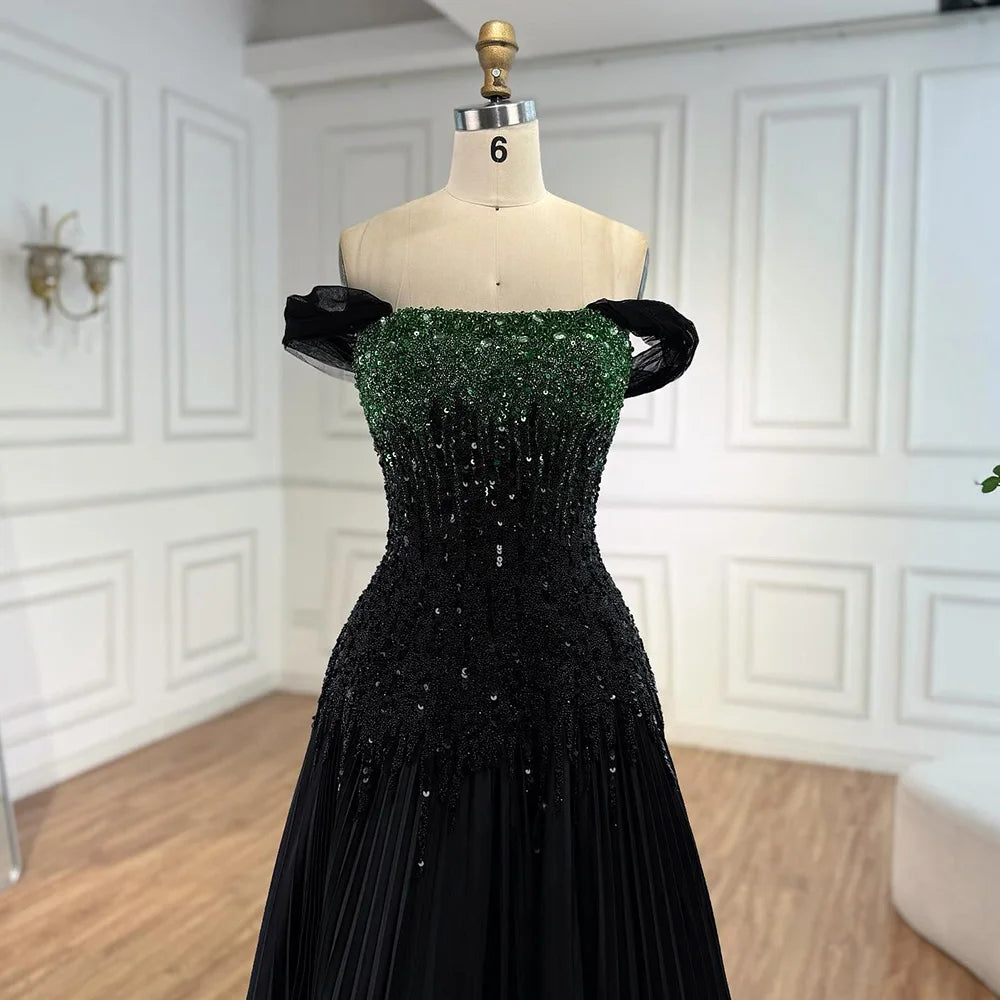 Luxury Beaded Black Green Off Shoulder Dubai Evening Dress for Party LA72406 - SERENE HILL