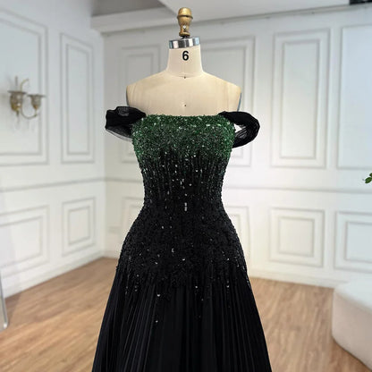 Luxury Beaded Black Green Off Shoulder Dubai Evening Dress for Party LA72406 - SERENE HILL
