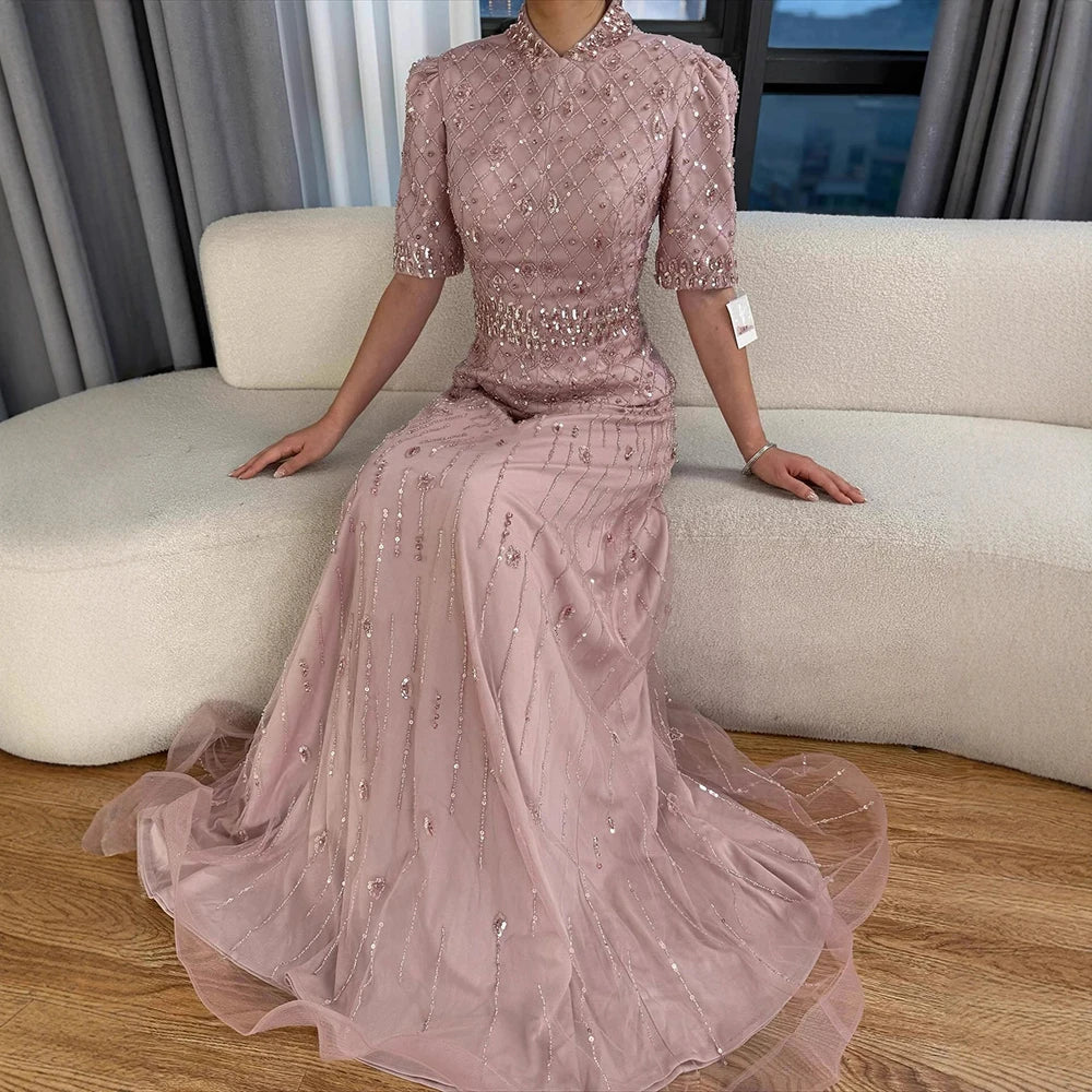 Luxury Designer Arabic Pink Evening Dress LA72955 - SERENE HILL
