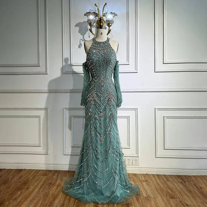 Luxury Turquoise Halter Mermaid Evening Dress LA72980 - SERENE HILL