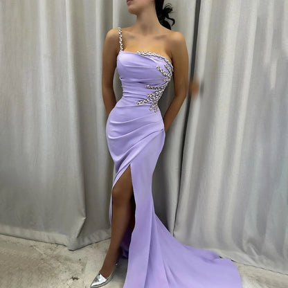 SERENE HILL 2025 Arabic Elegant Lilac Satin Mermaid One Shoulder Beaded Evening Dress Women&