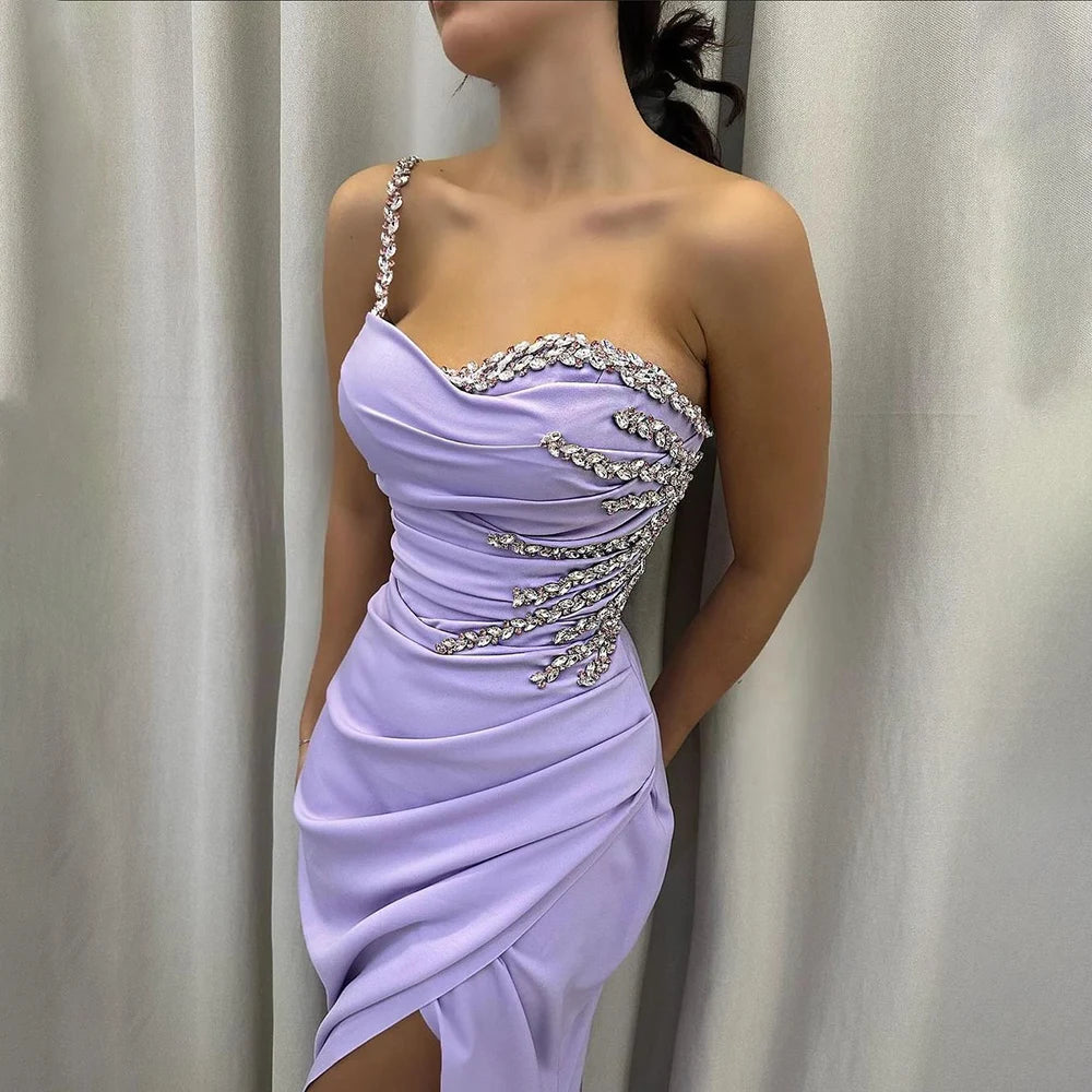 SERENE HILL 2025 Arabic Elegant Lilac Satin Mermaid One Shoulder Beaded Evening Dress Women&