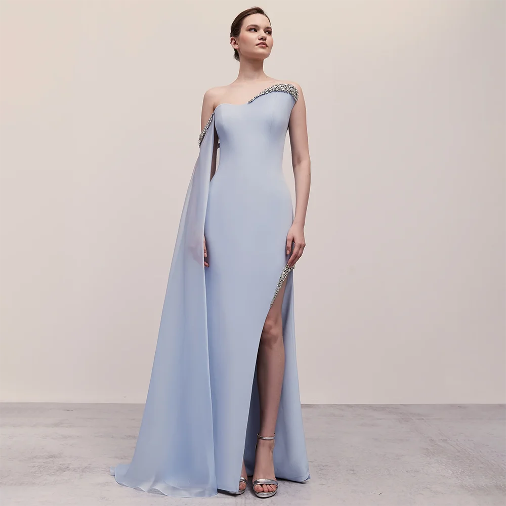SERENE HILL Blue Satin Mermaid One Shoulder Elegant Cape Sleeve Beaded Evening Dress Women&