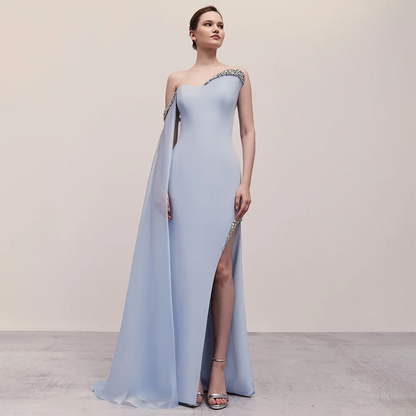 SERENE HILL Blue Satin Mermaid One Shoulder Elegant Cape Sleeve Beaded Evening Dress Women&
