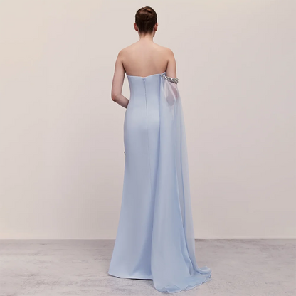 SERENE HILL Blue Satin Mermaid One Shoulder Elegant Cape Sleeve Beaded Evening Dress Women&