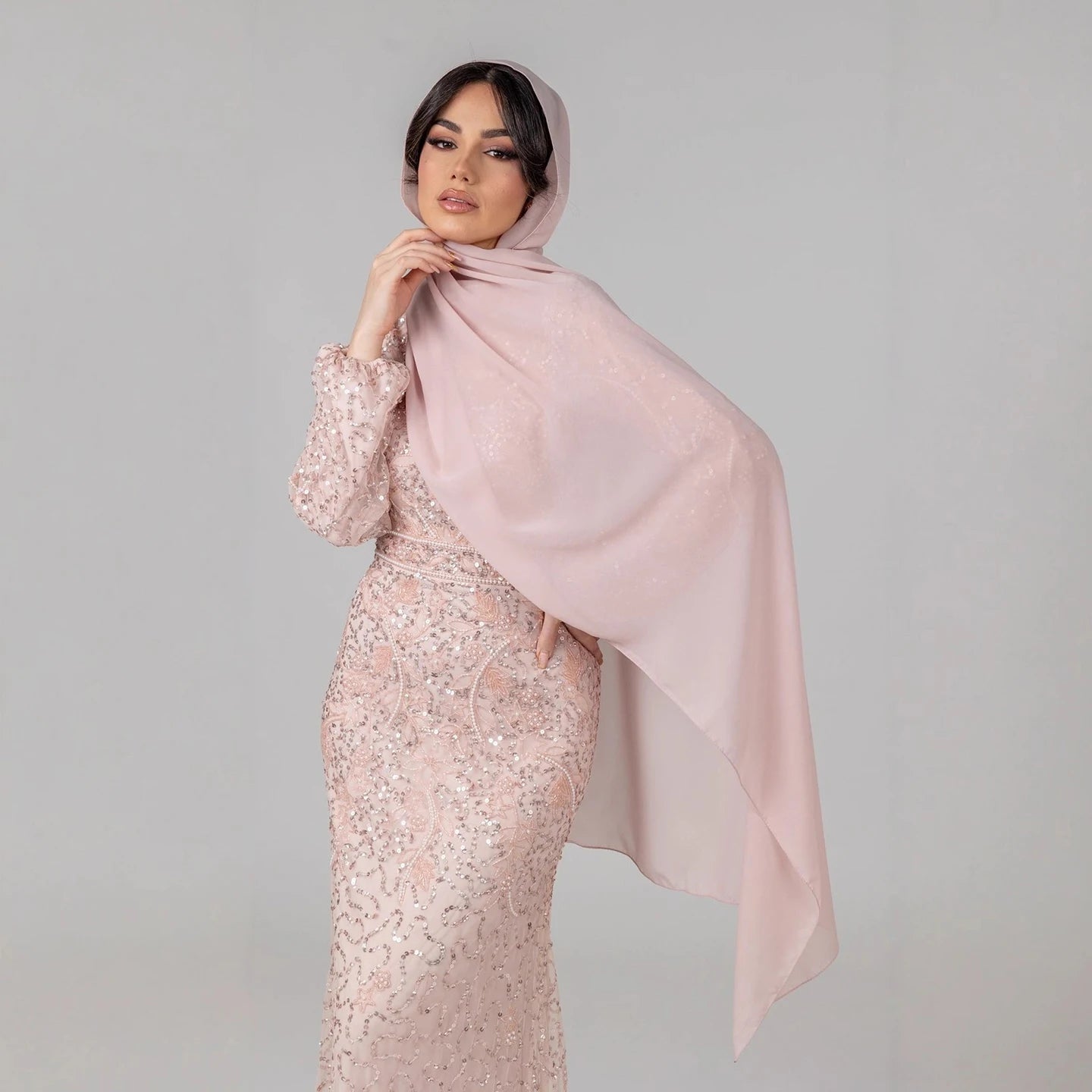 Luxury Pink Pearls Beaded Muslim Mermaid Evening Dress LA73417 - SERENE HILL