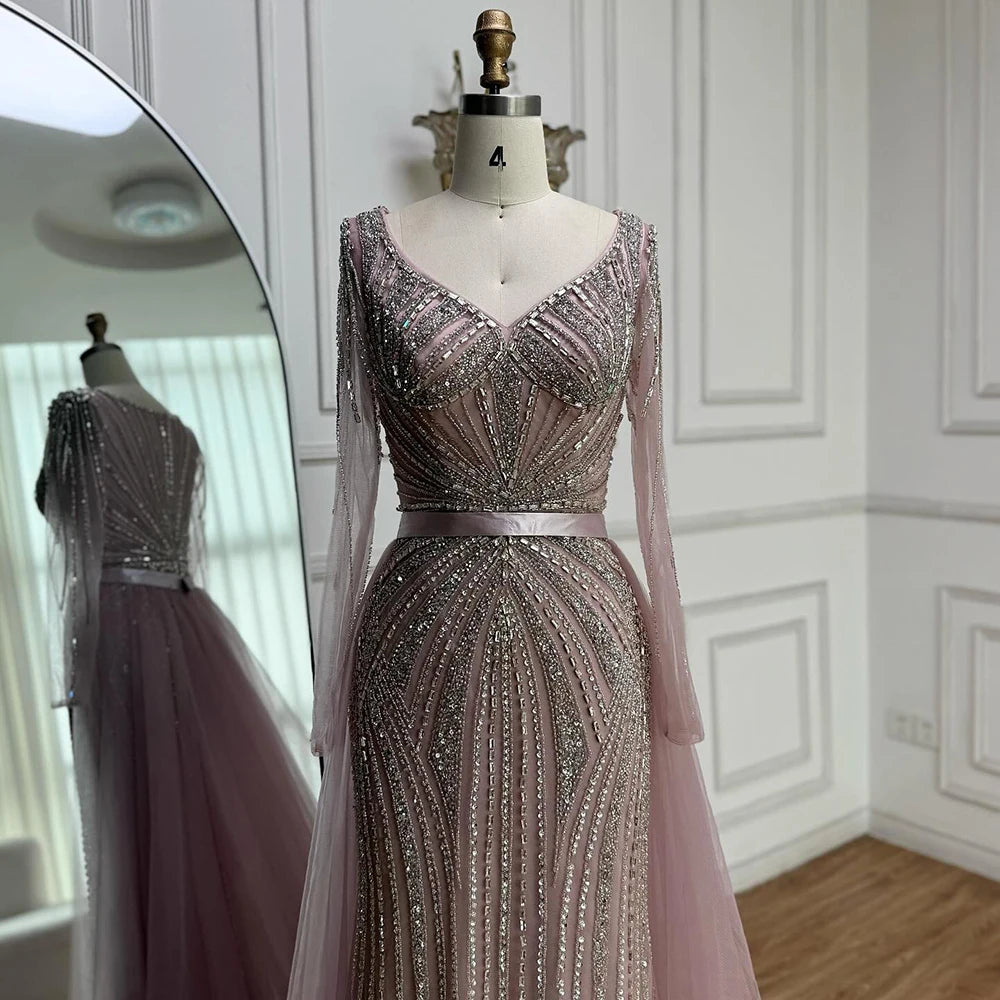 Luxury Nude Beaded Evening Dress with Detachable Overskirt LA73156 - SERENE HILL