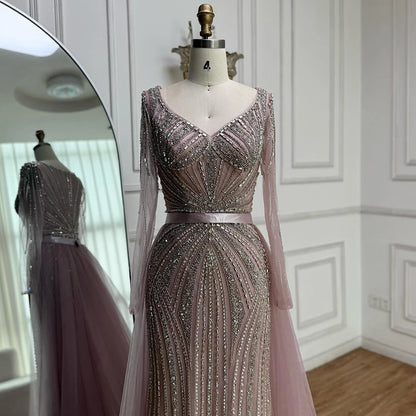 Luxury Nude Beaded Evening Dress with Detachable Overskirt LA73156 - SERENE HILL