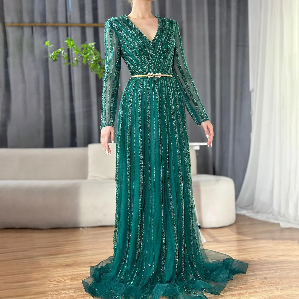 Serene Hill Muslim Green Luxury Elegant Evening Dresses Gowns 2025 Long Sleeves Beading For Women Party LA70790 - SERENE HILL