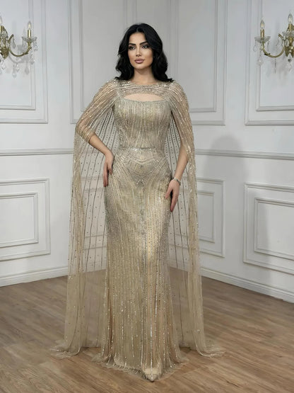Luxury Blue Diamond Evening Dress With Cape LA73426 - SERENE HILL