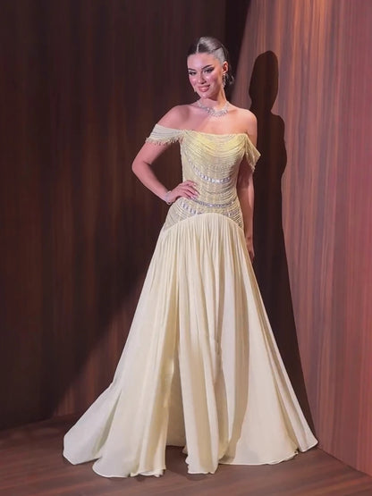 Luxury Evening Dress Yellow Off Shoulder Beaded A-Line Gown LA73350 - SERENE HILL