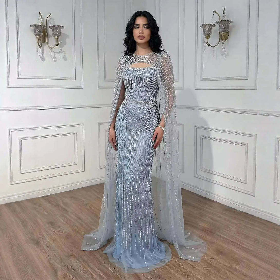 Luxury Blue Diamond Evening Dress with Cape LA73426 Blue / 10