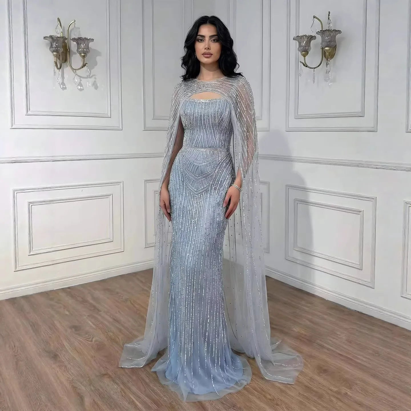 Luxury Blue Diamond Evening Dress With Cape LA73426 - SERENE HILL