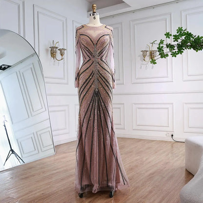 Luxury Pink Modest Dubai Mermaid Evening Dress Long Sleeevs 2026 LA73213 - SERENE HILL