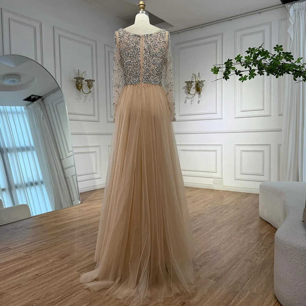 Luxury Nude Beaded Mermaid Evening Dress with Overskirt LA73042A - SERENE HILL