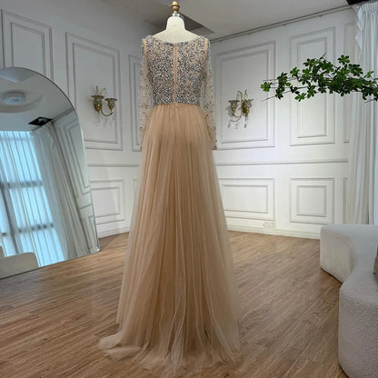 Luxury Nude Beaded Mermaid Evening Dress with Overskirt LA73042A - SERENE HILL