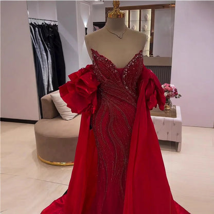 Luxury Designer Red Beaded Mermaid Evening Dress with Cape LA72896 - SERENE HILL
