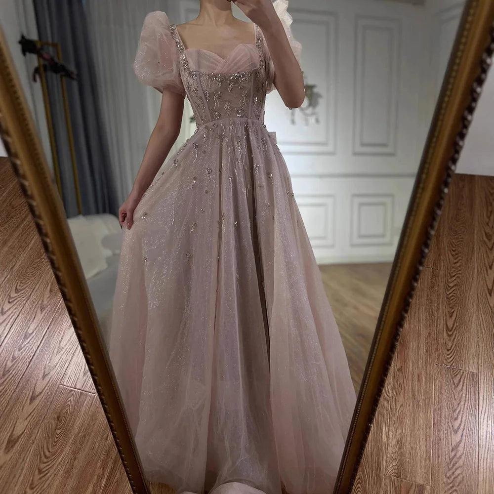 Elegant Pink A-Line Beaded Short Sleeve Evening Gown with Lace-Up Back LA71773 - SERENE HILL